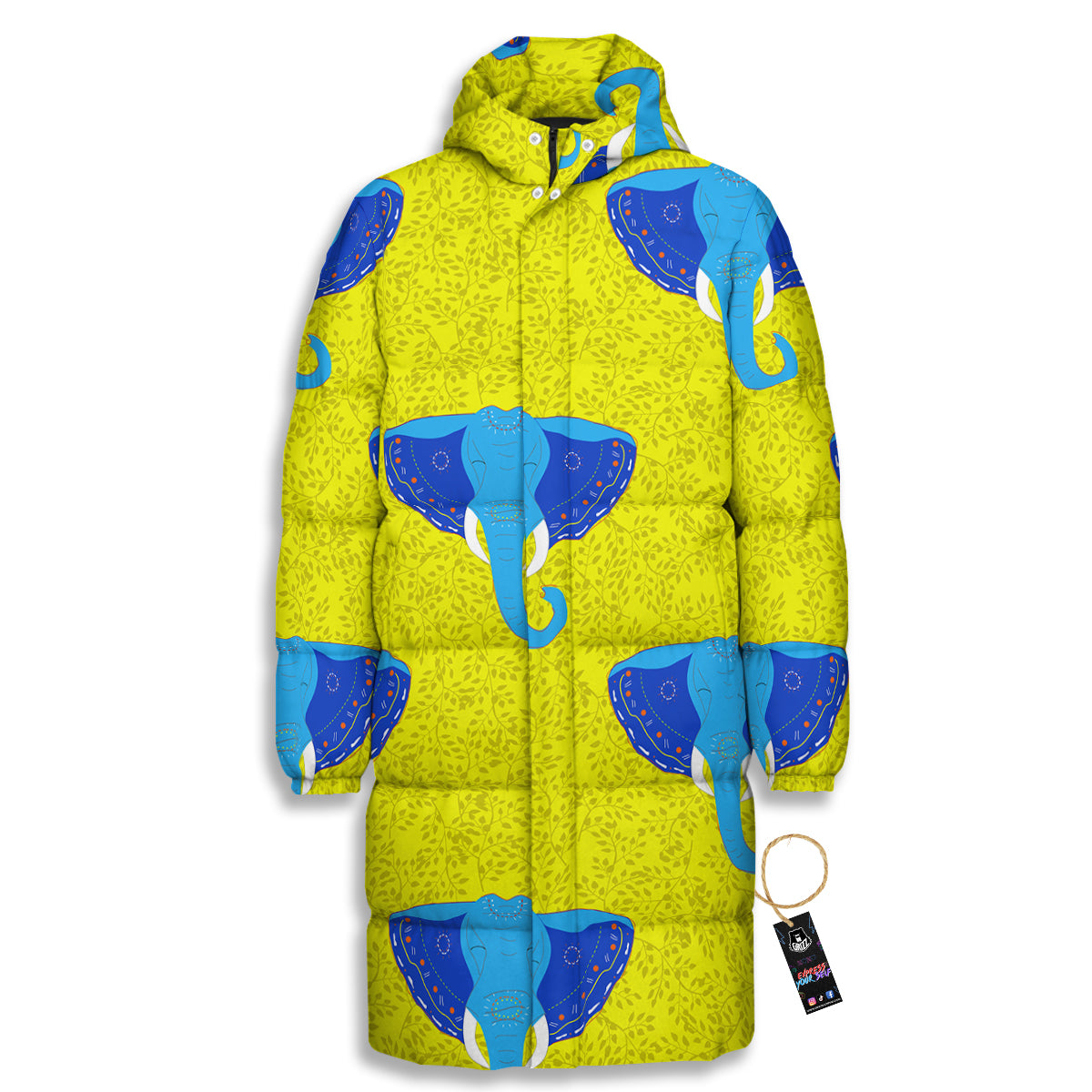 Elephant Mandala Blue Print Pattern Long Down Jacket-grizzshop