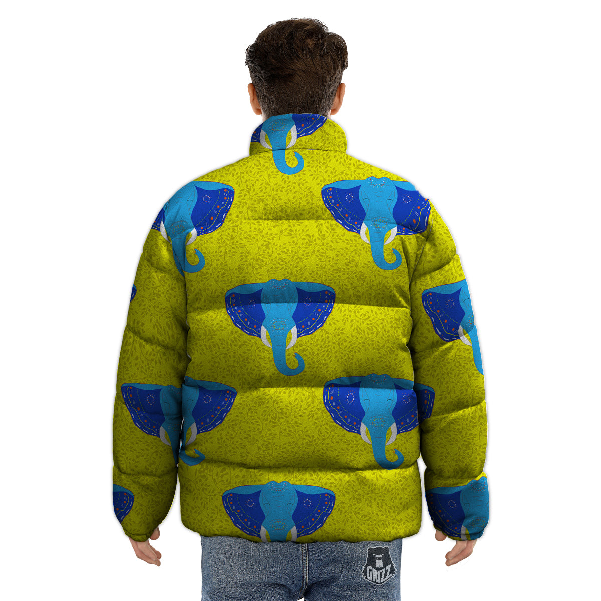 Elephant Mandala Blue Print Pattern Puffer Jacket-grizzshop