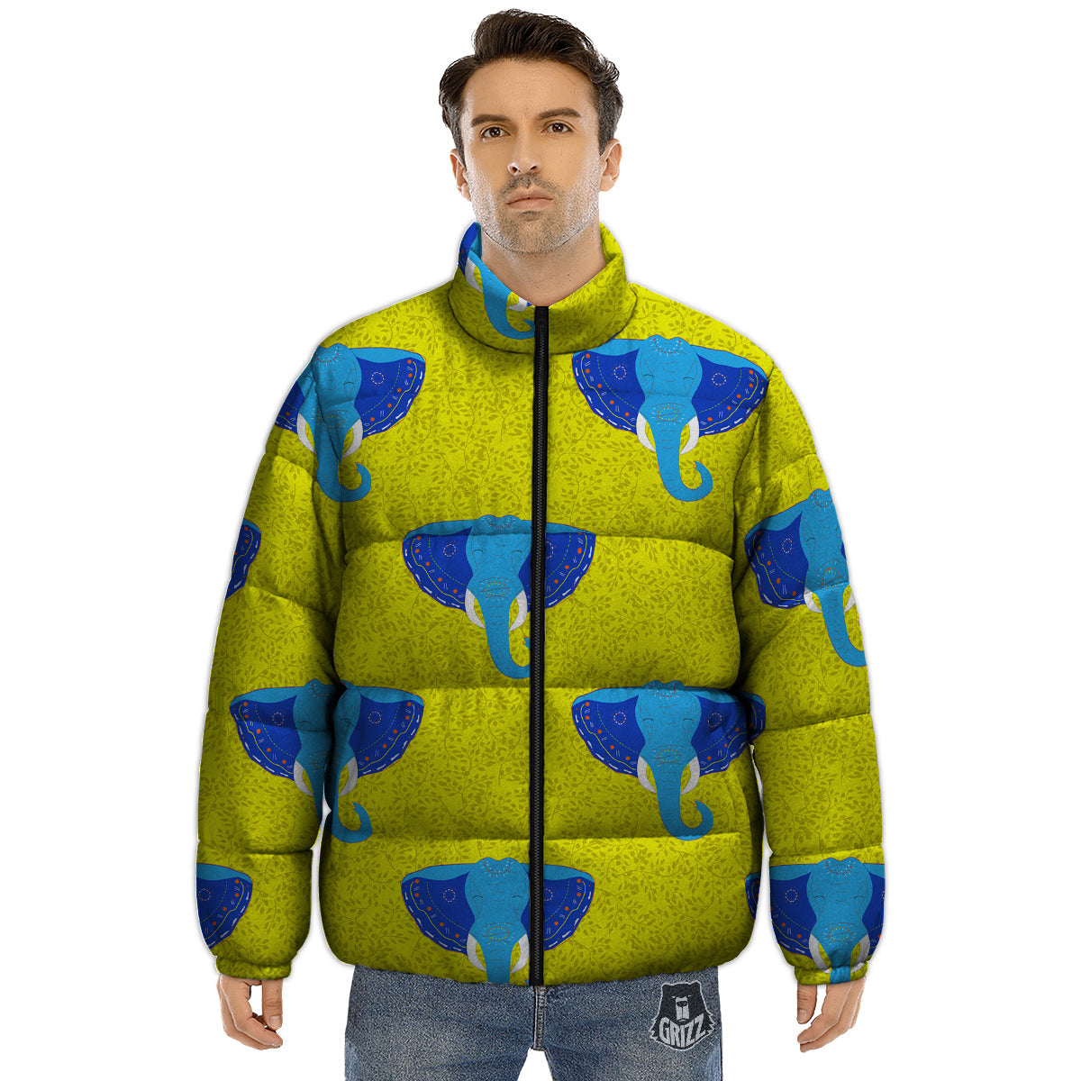 Elephant Mandala Blue Print Pattern Puffer Jacket-grizzshop