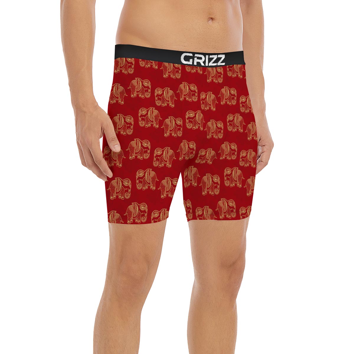 Elephant Red Indian Print Pattern Boxer Briefs-grizzshop