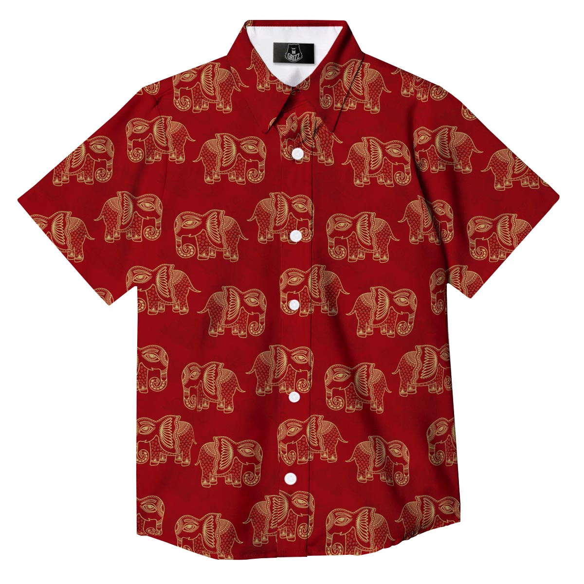 Elephant Red Indian Print Pattern Button Up Shirt-grizzshop