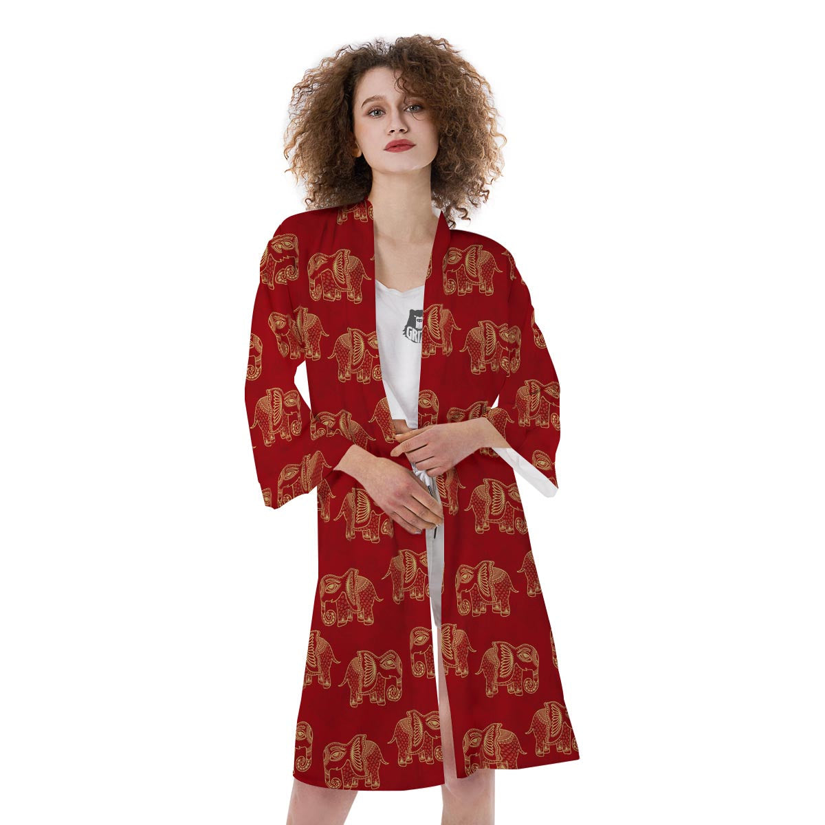 Elephant Red Indian Print Pattern Kimono-grizzshop