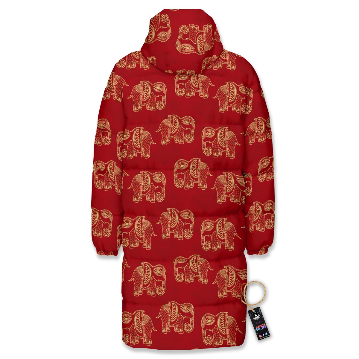 Elephant Red Indian Print Pattern Long Down Jacket-grizzshop