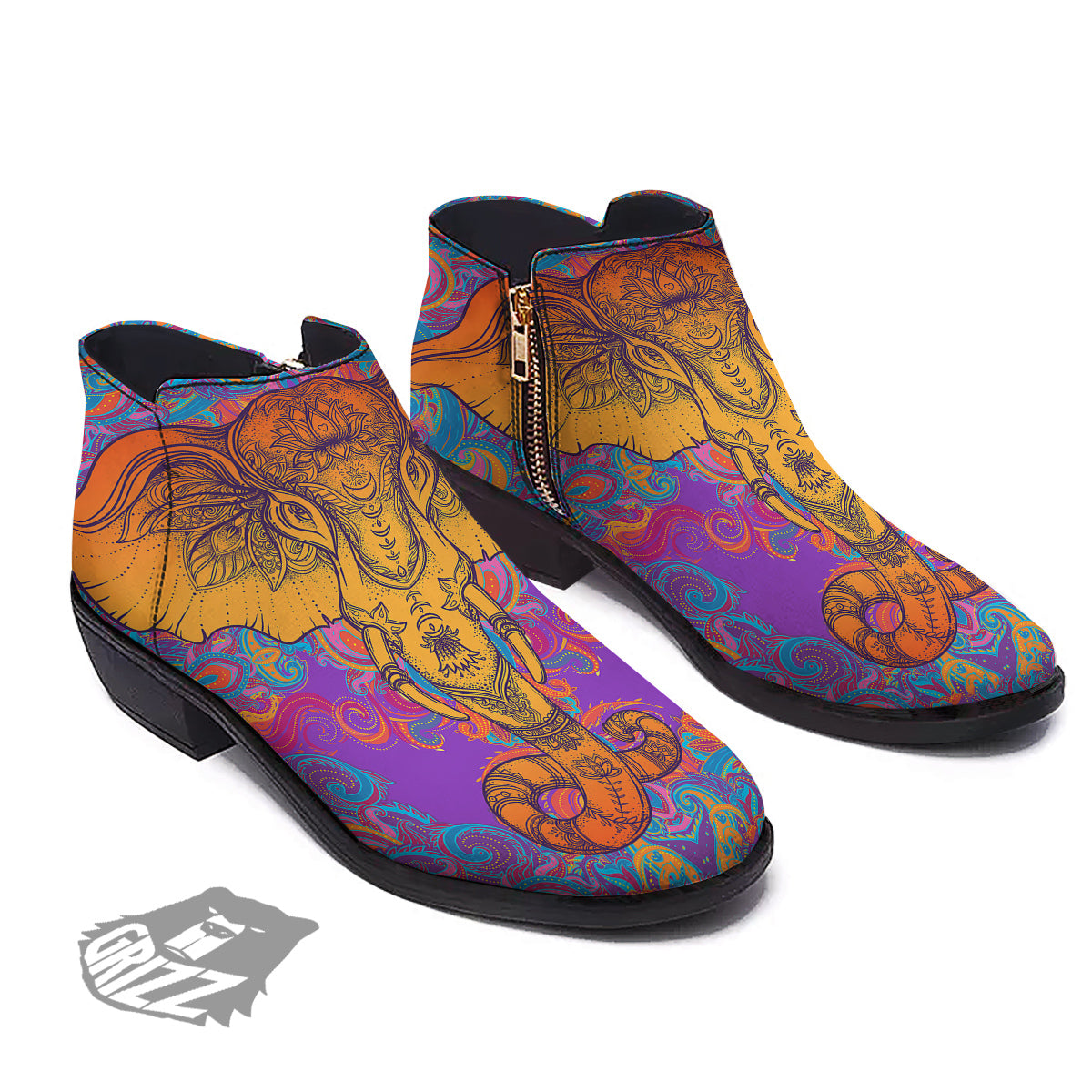 Elephant Spiritual Colorful Print Ankle Boots-grizzshop