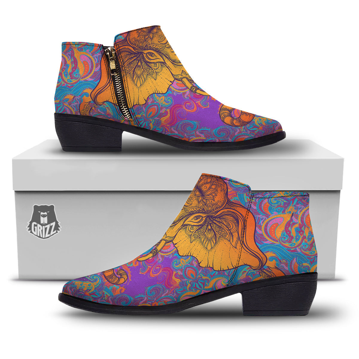 Elephant Spiritual Colorful Print Ankle Boots-grizzshop