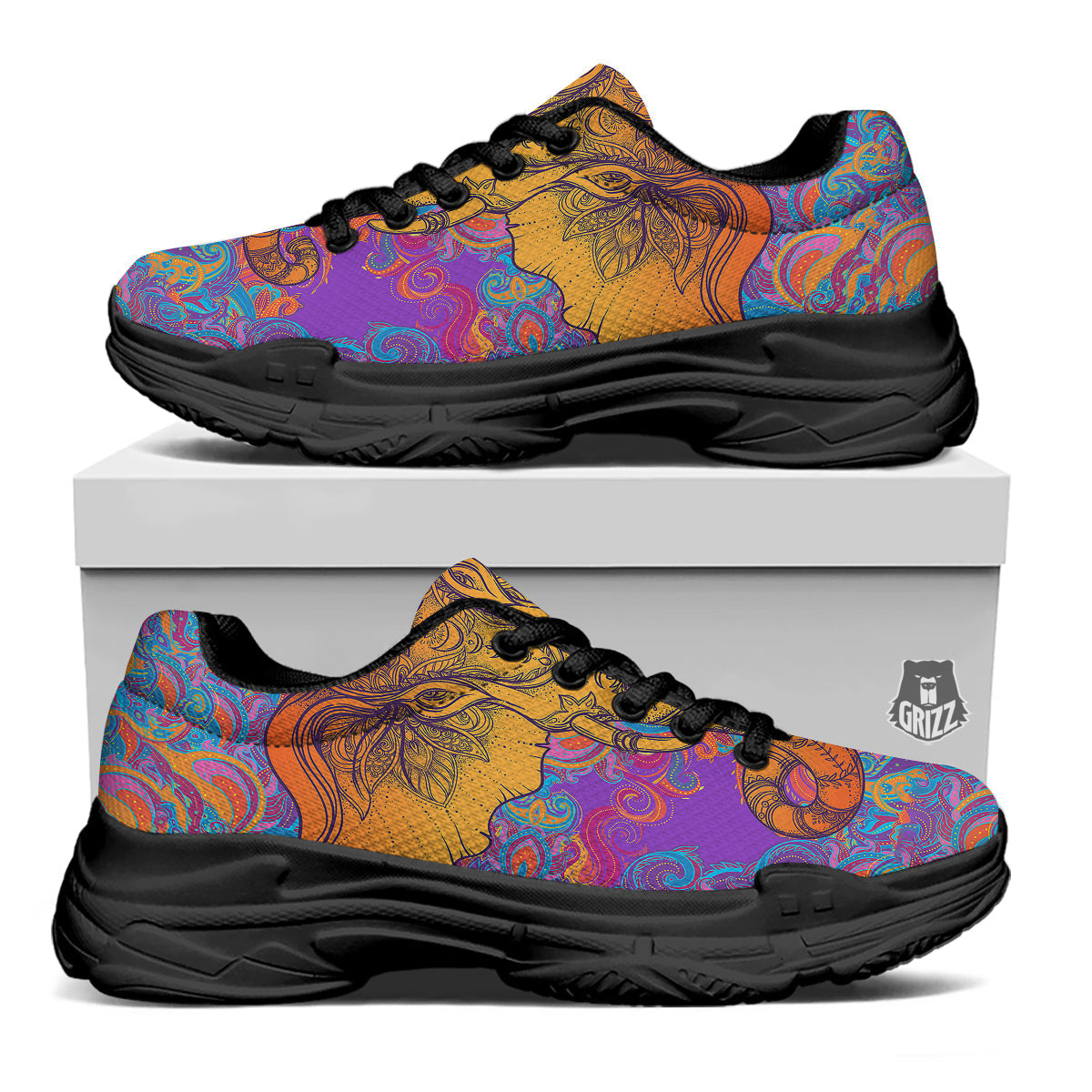 Elephant Spiritual Colorful Print Black Chunky Shoes-grizzshop