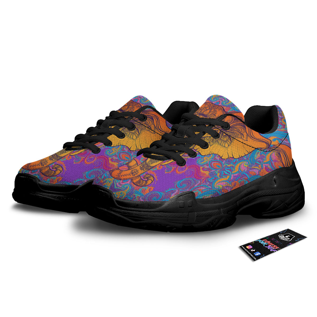 Elephant Spiritual Colorful Print Black Chunky Shoes-grizzshop