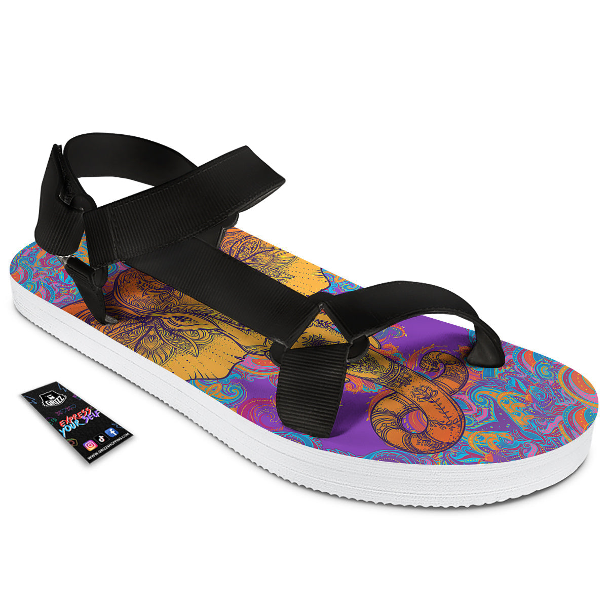 Elephant Spiritual Colorful Print Black Open Toe Sandals-grizzshop