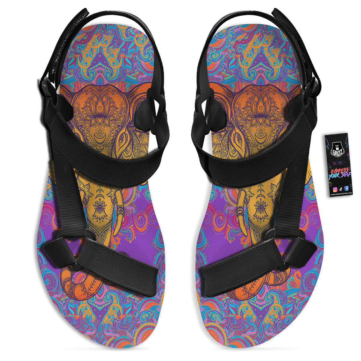Elephant Spiritual Colorful Print Black Open Toe Sandals-grizzshop