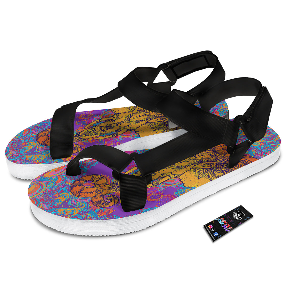 Elephant Spiritual Colorful Print Black Open Toe Sandals-grizzshop