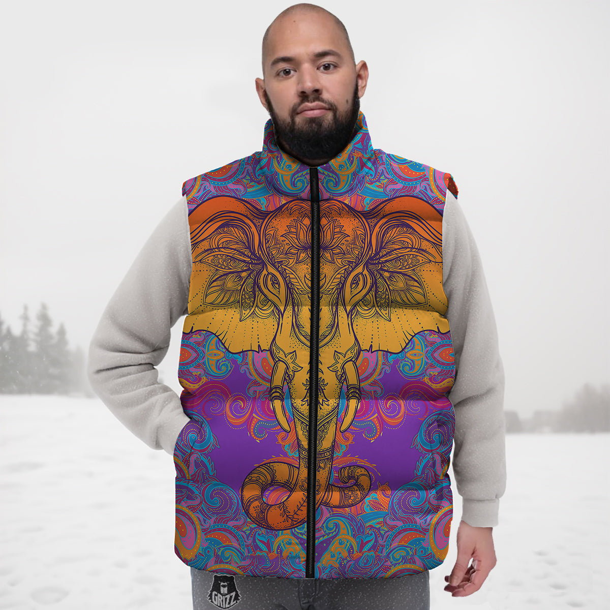 Elephant Spiritual Colorful Print Down Vest