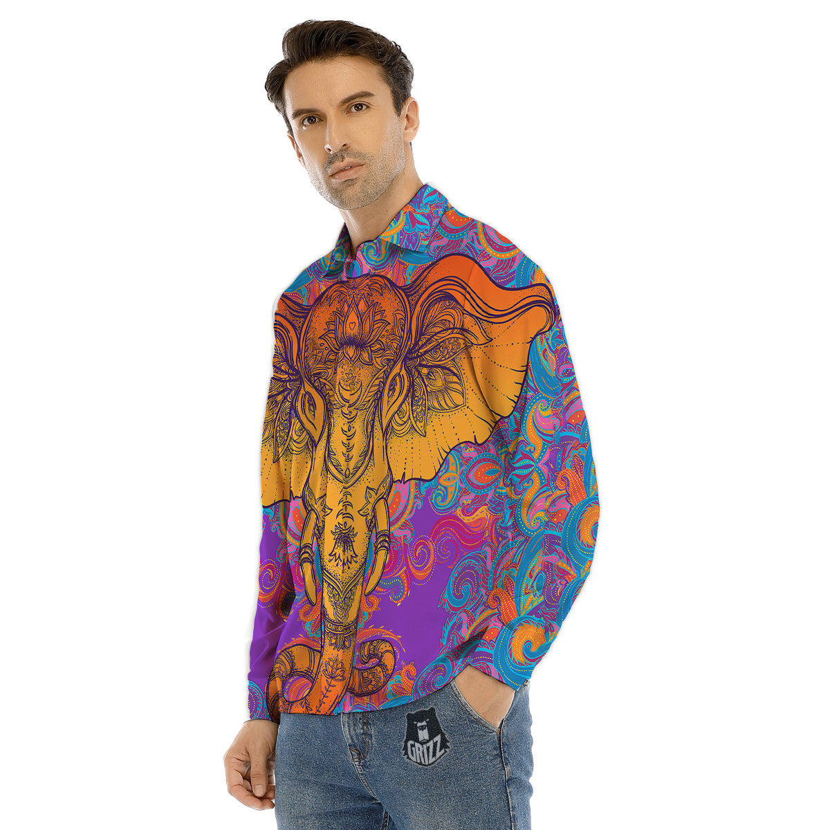 Elephant Spiritual Colorful Print Men's Dress Shirts-grizzshop