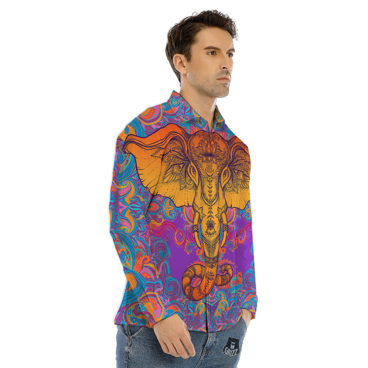Elephant Spiritual Colorful Print Men's Dress Shirts-grizzshop