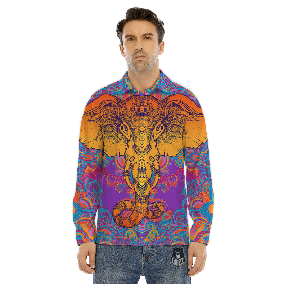 Elephant Spiritual Colorful Print Men's Dress Shirts-grizzshop