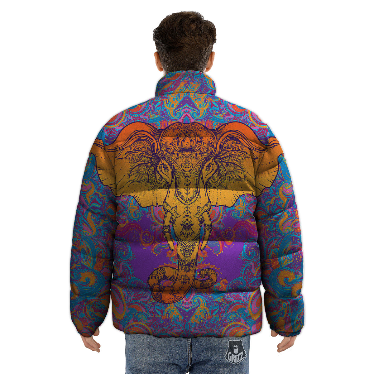 Elephant Spiritual Colorful Print Puffer Jacket-grizzshop