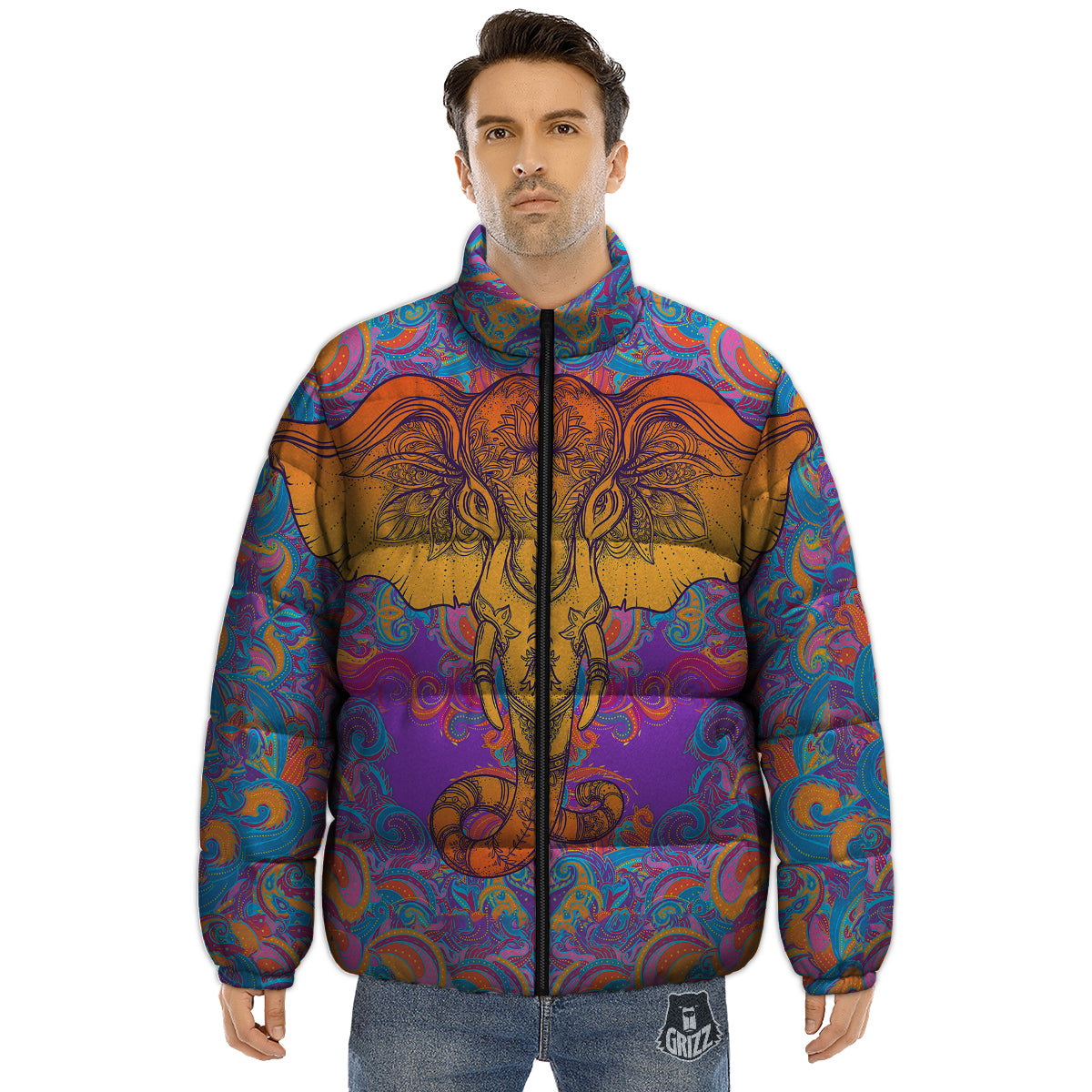 Elephant Spiritual Colorful Print Puffer Jacket-grizzshop