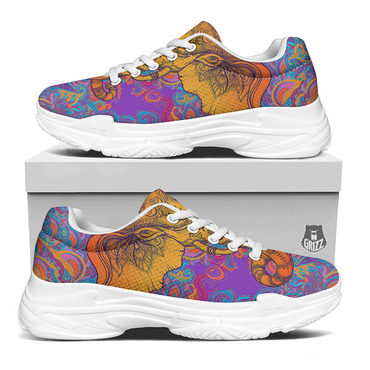 Elephant Spiritual Colorful Print White Chunky Shoes-grizzshop