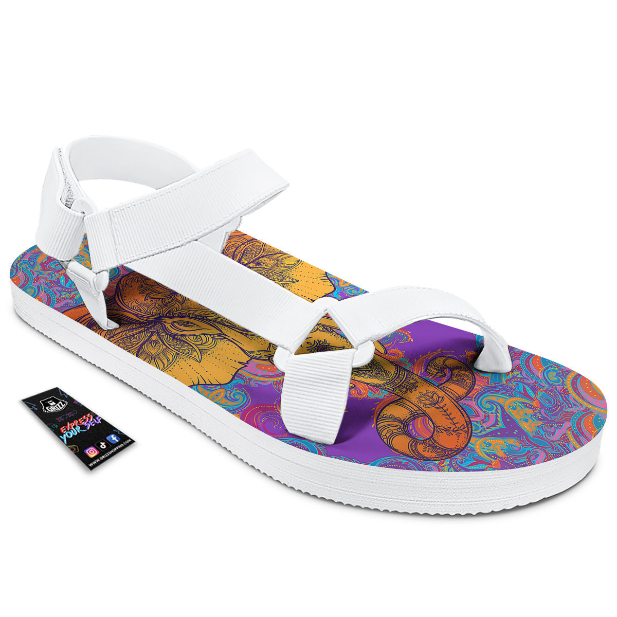 Elephant Spiritual Colorful Print White Open Toe Sandals-grizzshop