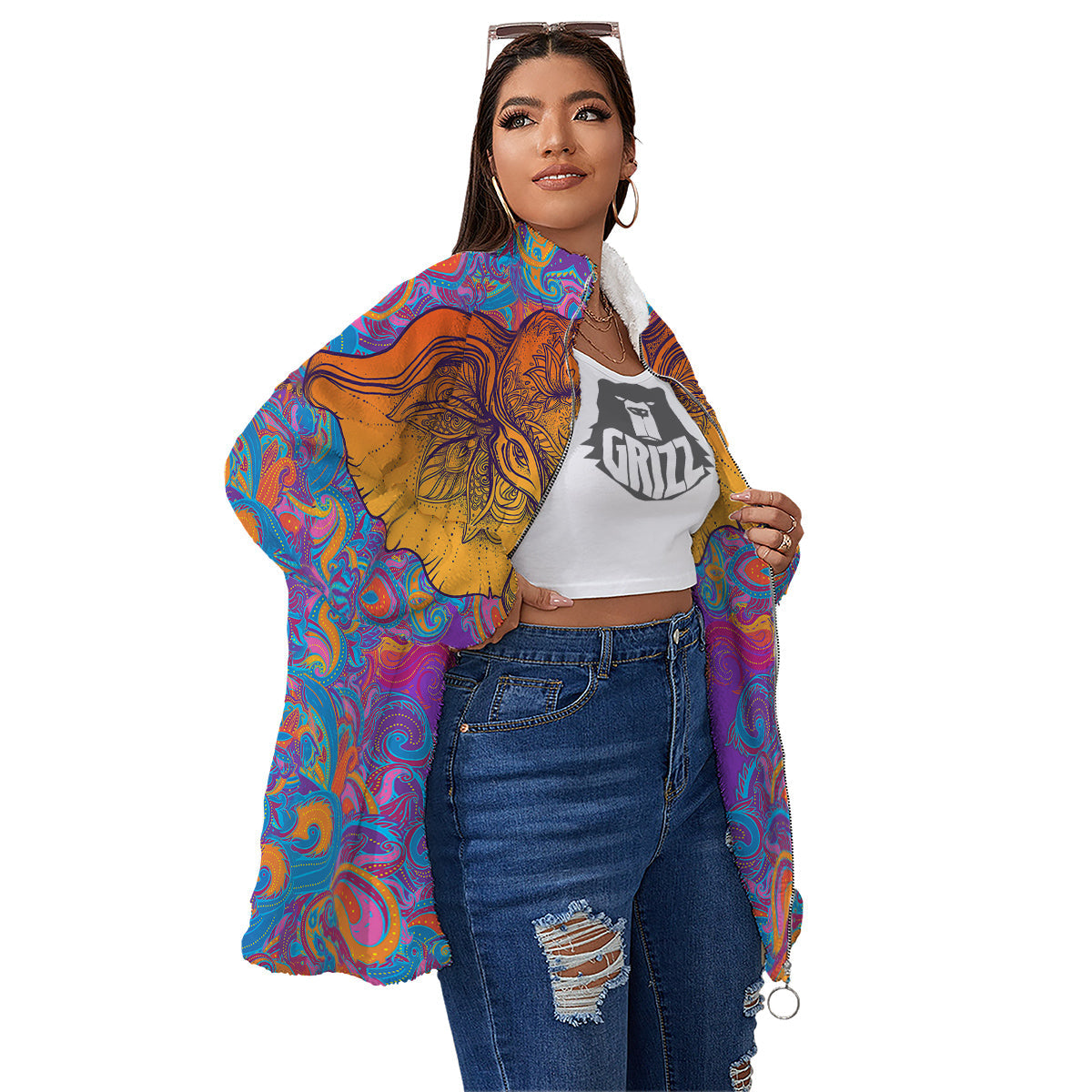 Elephant Spiritual Colorful Print Women's Sherpa Jacket-grizzshop