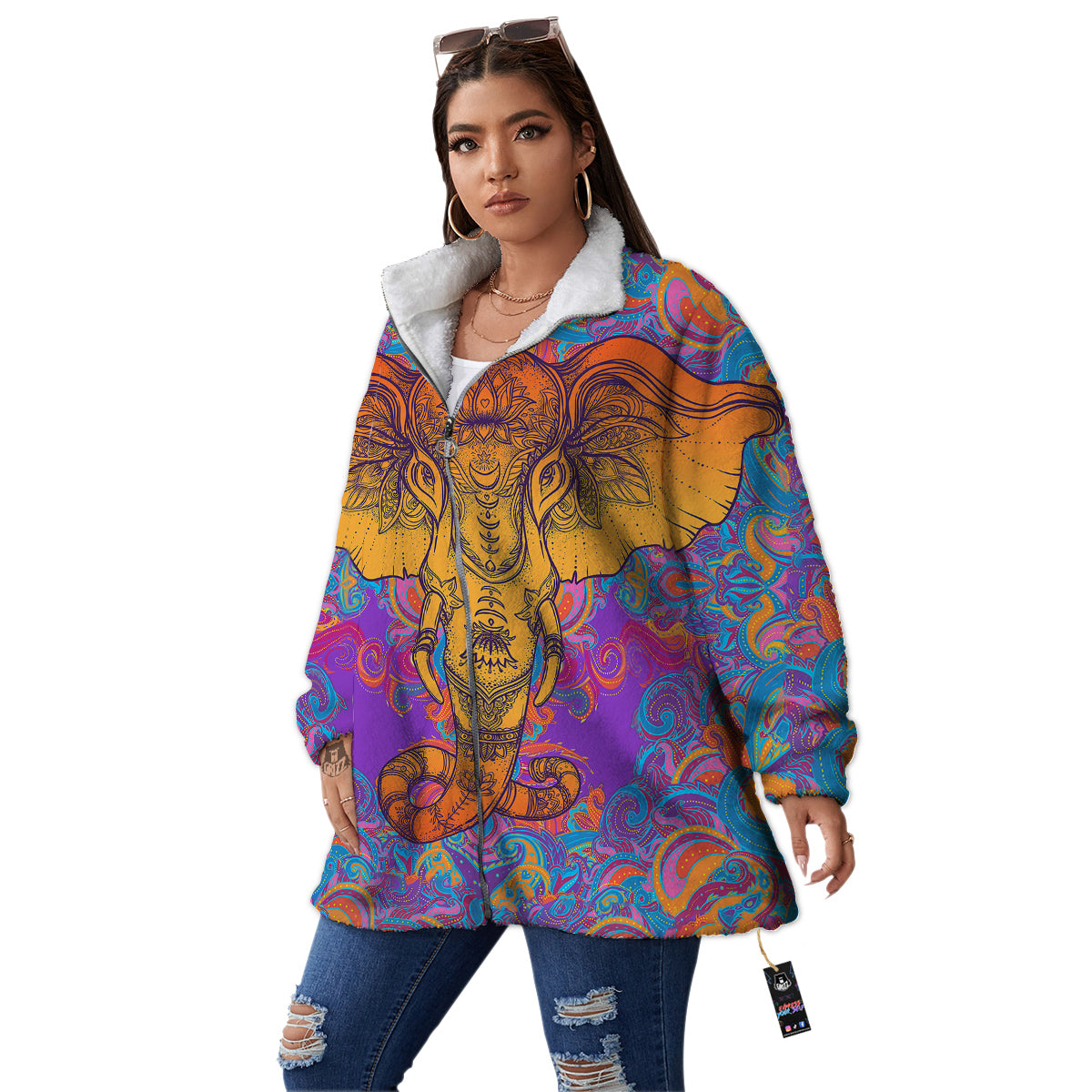 Elephant Spiritual Colorful Print Women's Sherpa Jacket-grizzshop