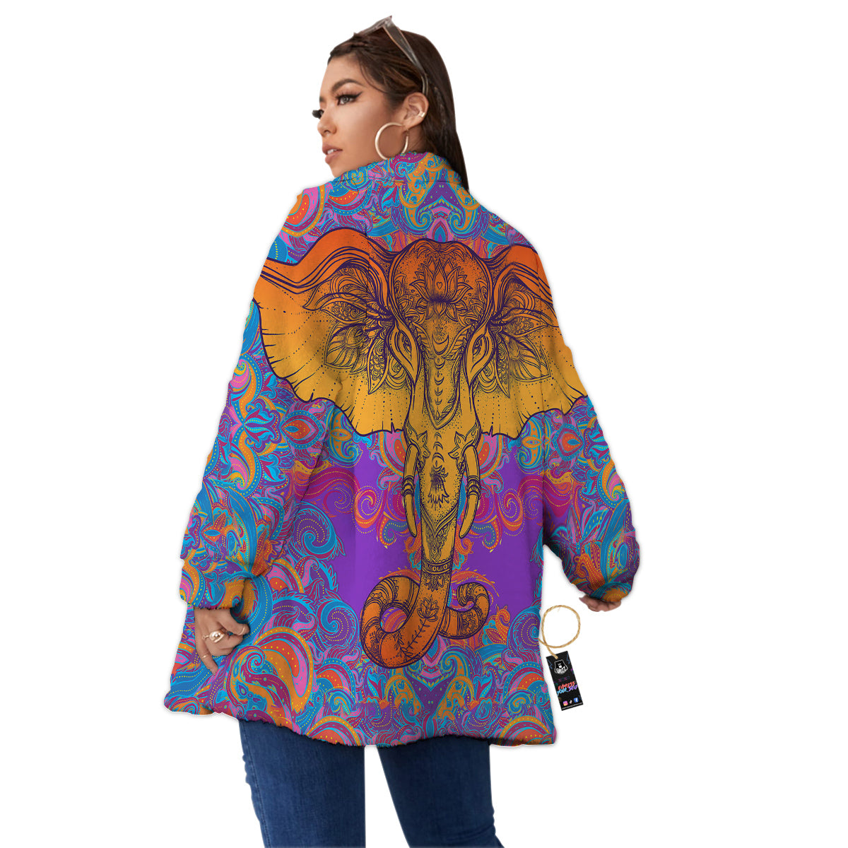 Elephant Spiritual Colorful Print Women's Sherpa Jacket-grizzshop