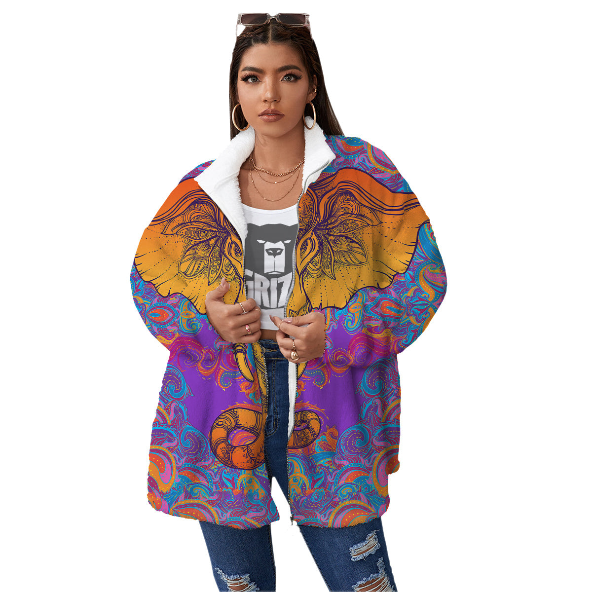 Elephant Spiritual Colorful Print Women's Sherpa Jacket-grizzshop