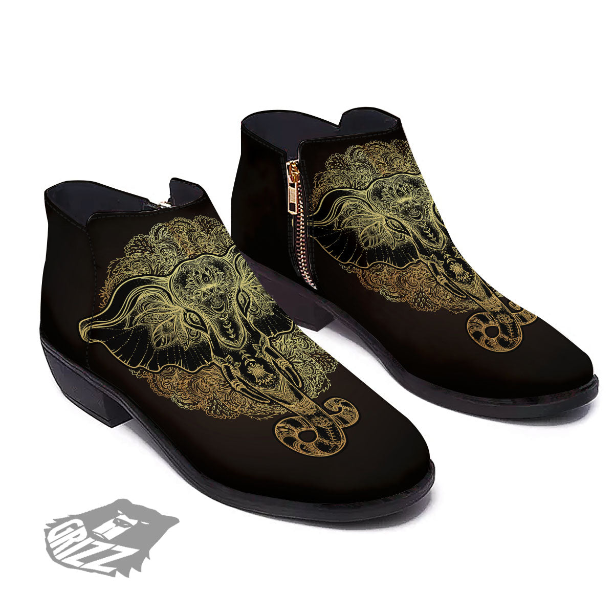 Elephant Spiritual Golden Print Ankle Boots-grizzshop
