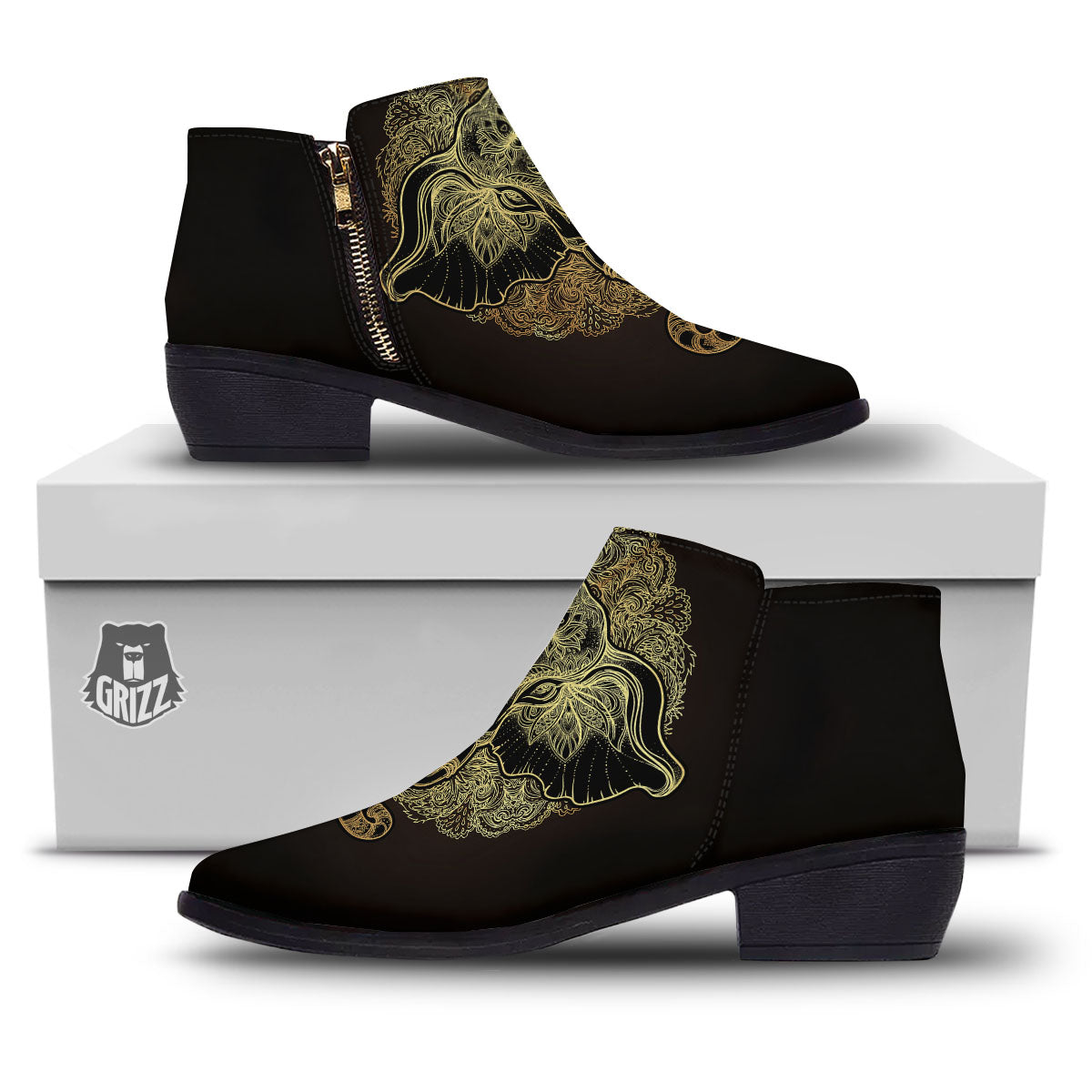 Elephant Spiritual Golden Print Ankle Boots-grizzshop