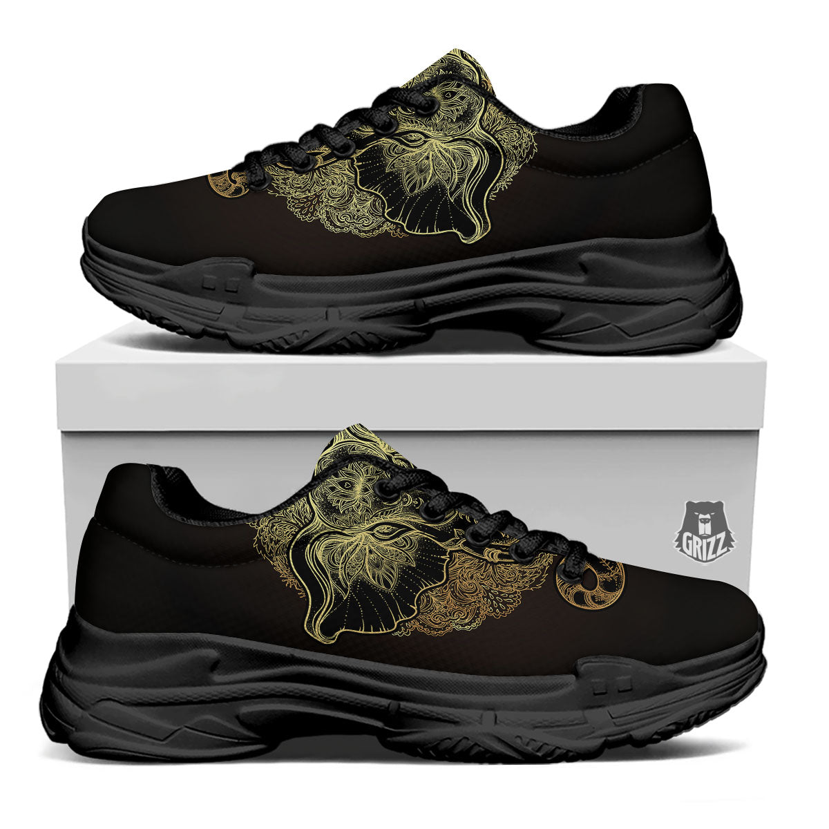 Elephant Spiritual Golden Print Black Chunky Shoes-grizzshop