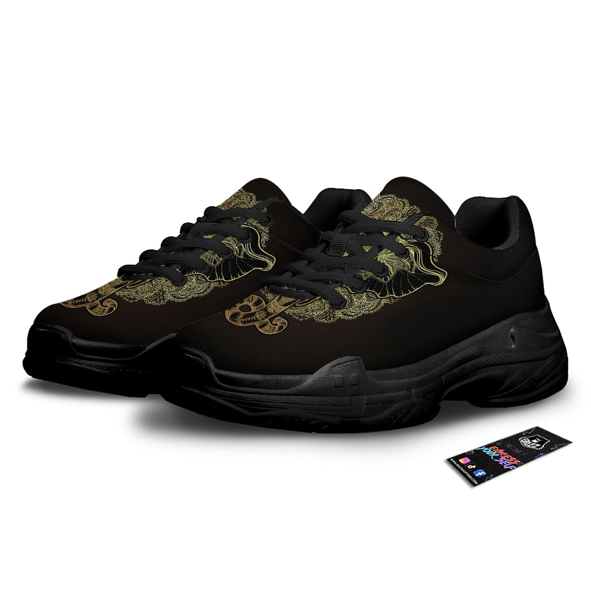 Elephant Spiritual Golden Print Black Chunky Shoes-grizzshop