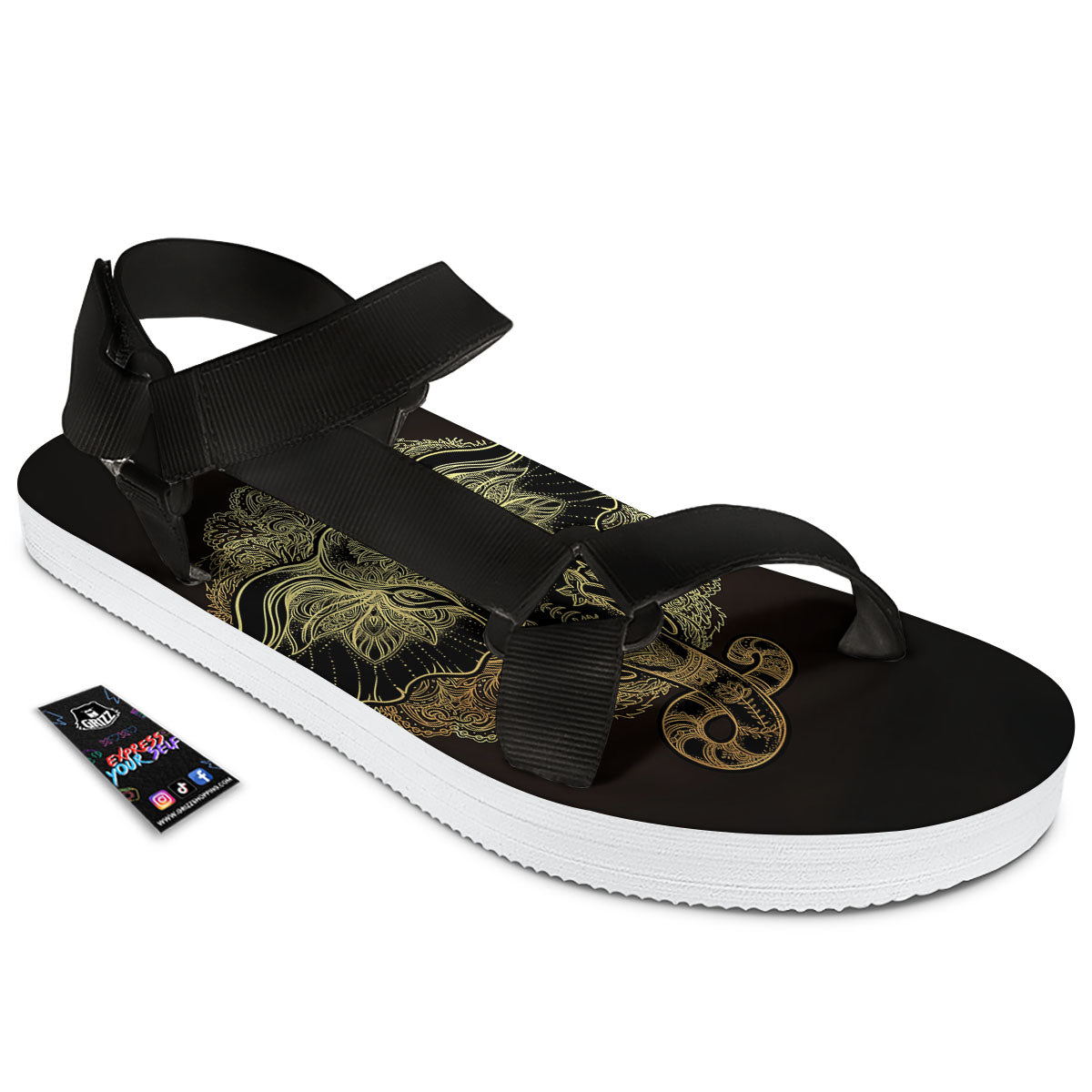 Elephant Spiritual Golden Print Black Open Toe Sandals-grizzshop