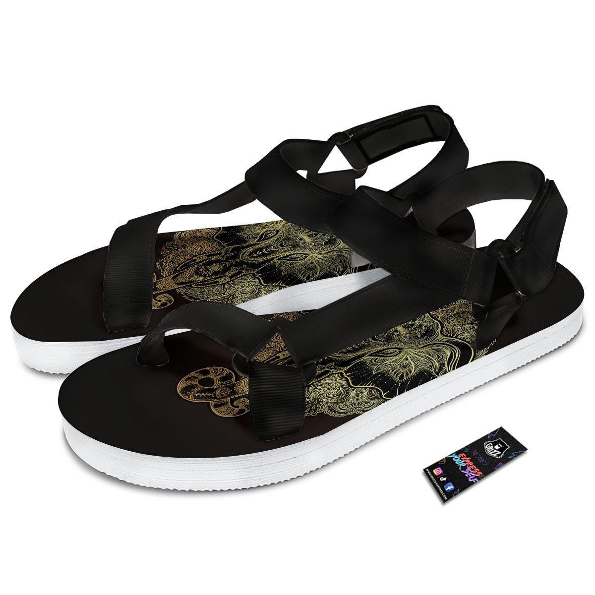 Elephant Spiritual Golden Print Black Open Toe Sandals-grizzshop
