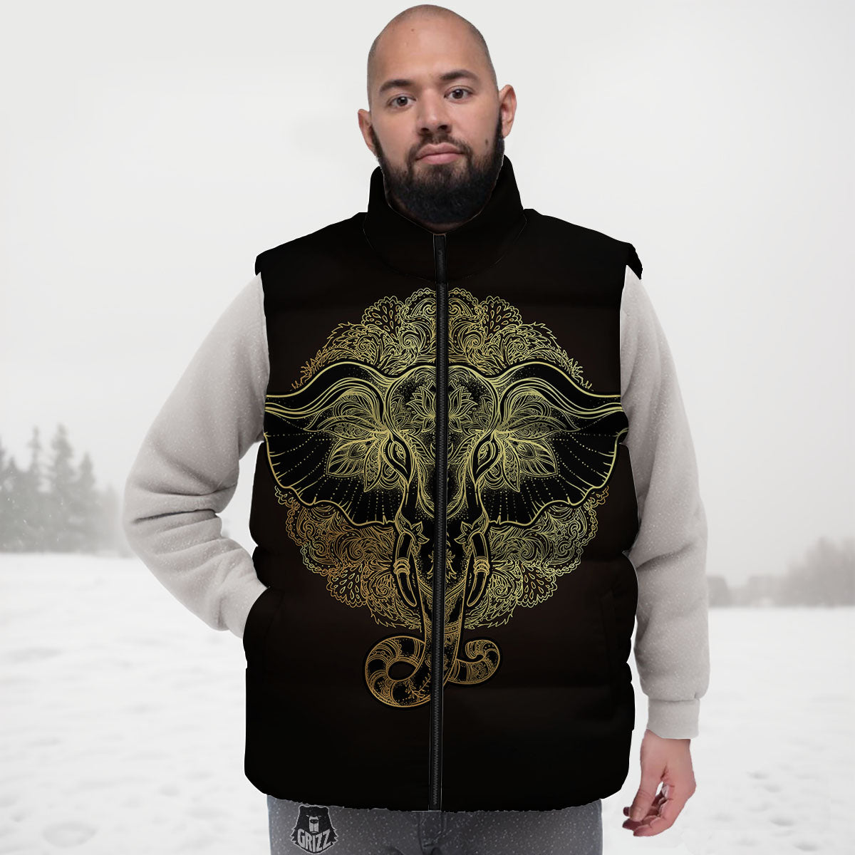 Elephant Spiritual Golden Print Down Vest