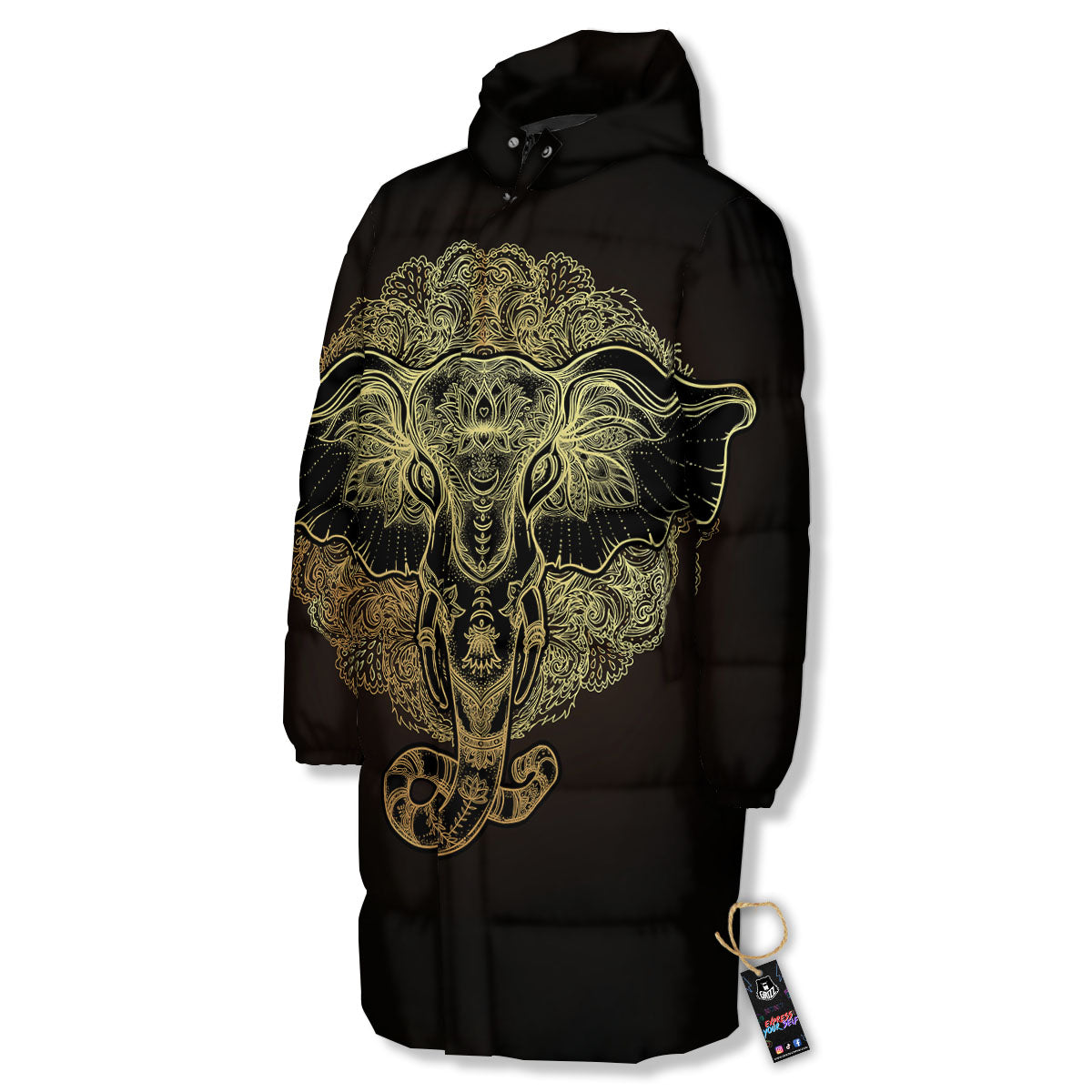 Elephant Spiritual Golden Print Long Down Jacket-grizzshop