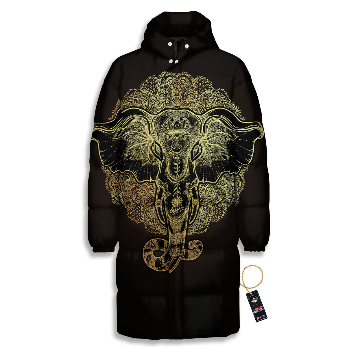 Elephant Spiritual Golden Print Long Down Jacket-grizzshop