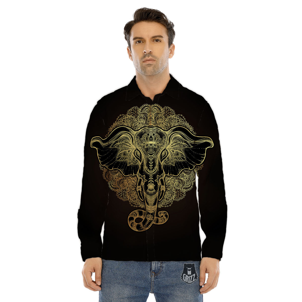 Elephant Spiritual Golden Print Men's Dress Shirts-grizzshop