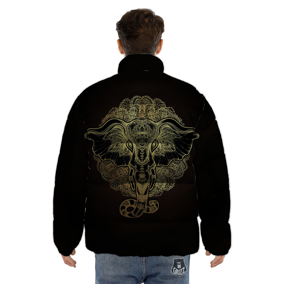 Elephant Spiritual Golden Print Puffer Jacket-grizzshop