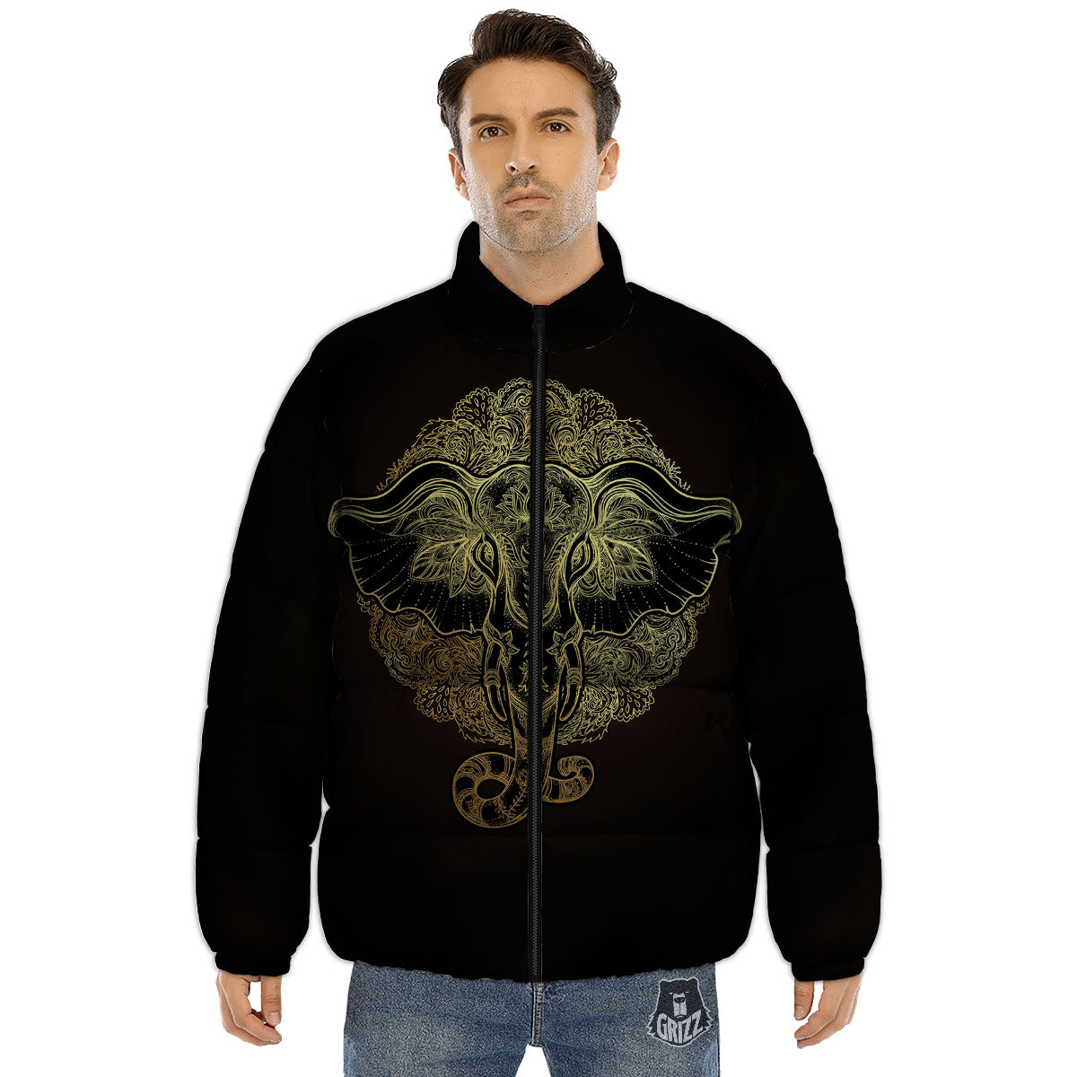 Elephant Spiritual Golden Print Puffer Jacket-grizzshop