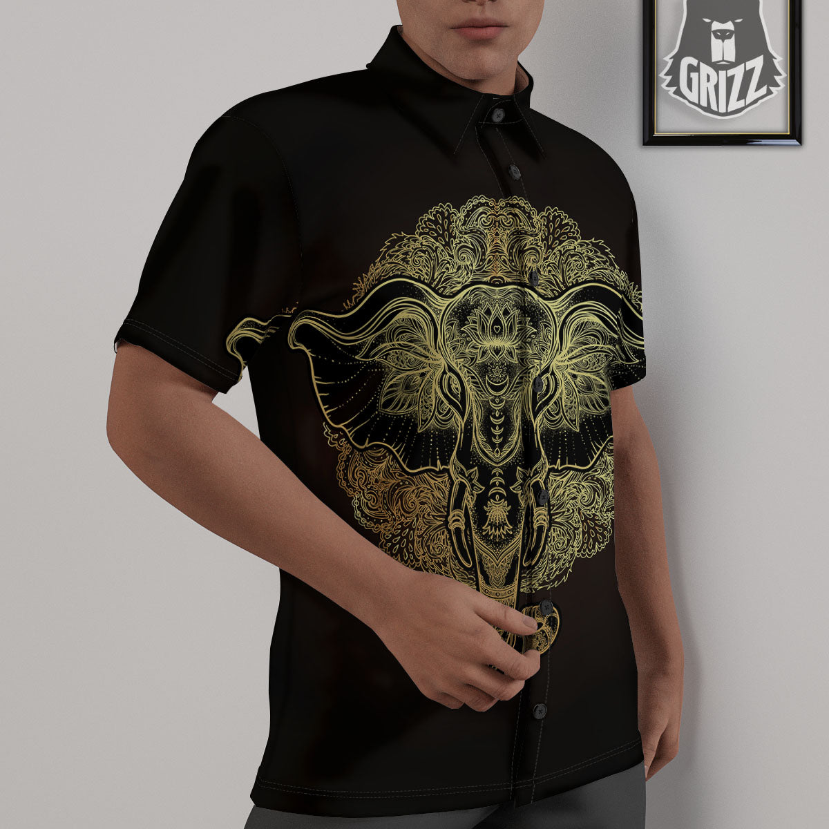 Elephant Spiritual Golden Print Untucked Shirts-grizzshop