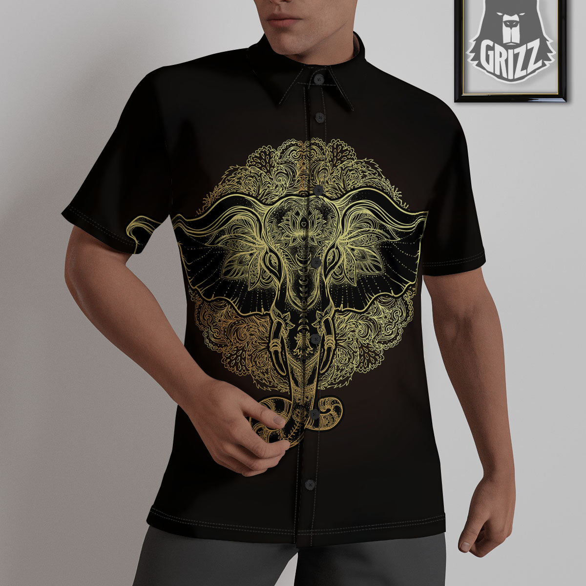 Elephant Spiritual Golden Print Untucked Shirts-grizzshop