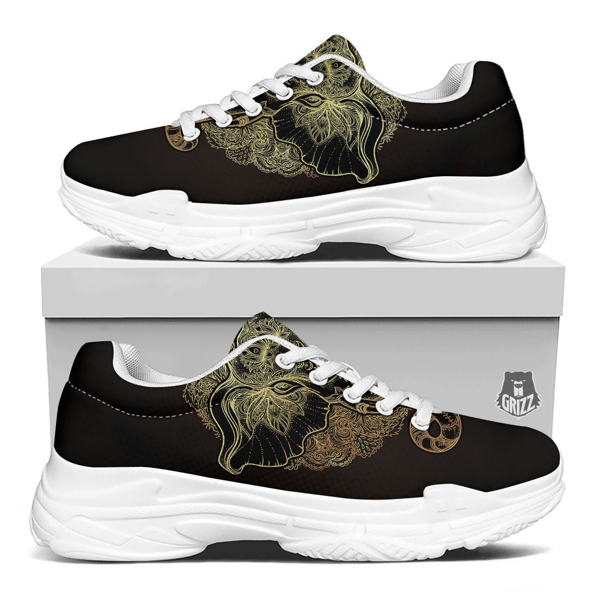 Elephant Spiritual Golden Print White Chunky Shoes-grizzshop