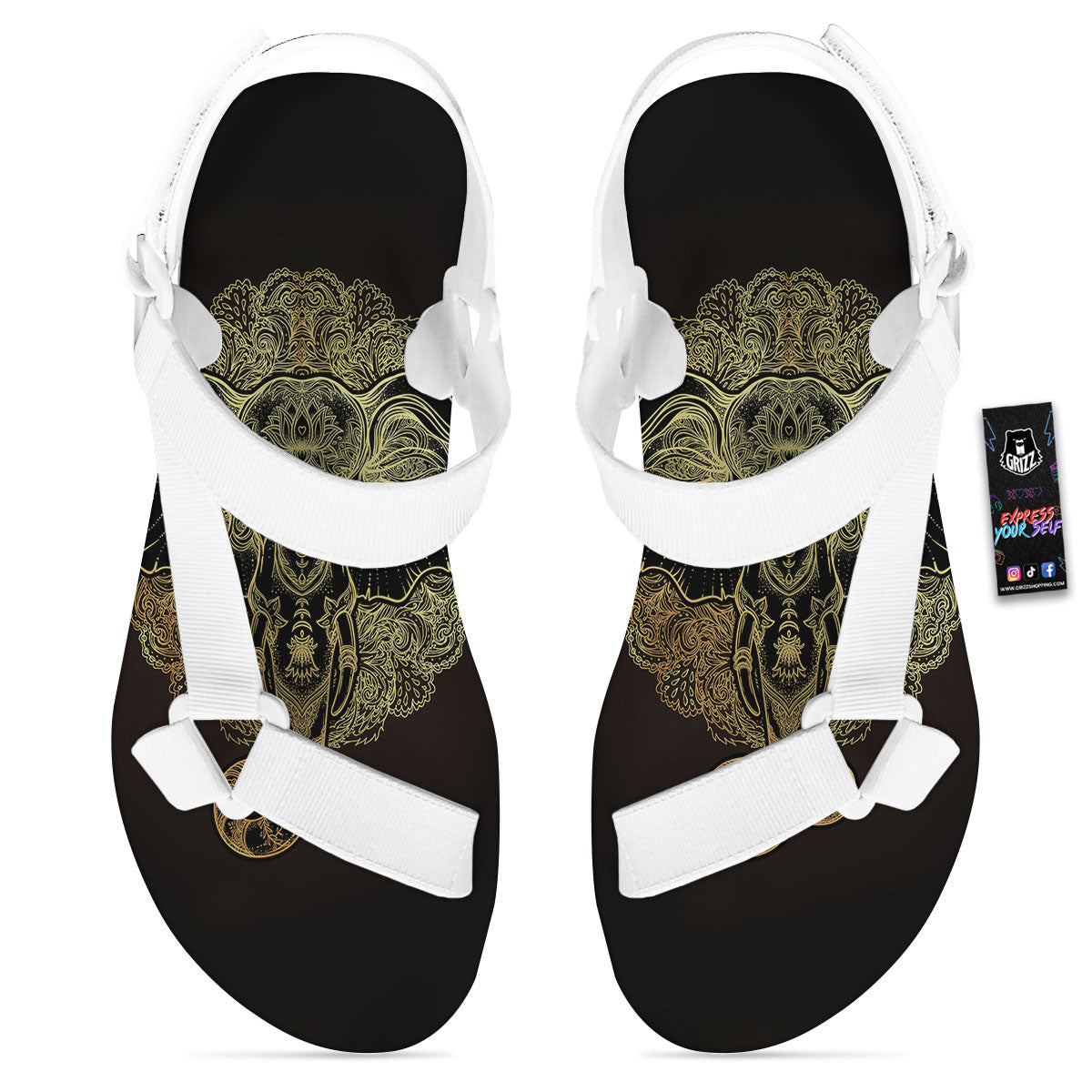 Elephant Spiritual Golden Print White Open Toe Sandals-grizzshop