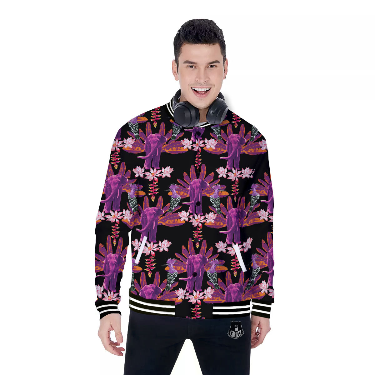 Elephant Tropical Purple Print Pattern Baseball Jacket-grizzshop