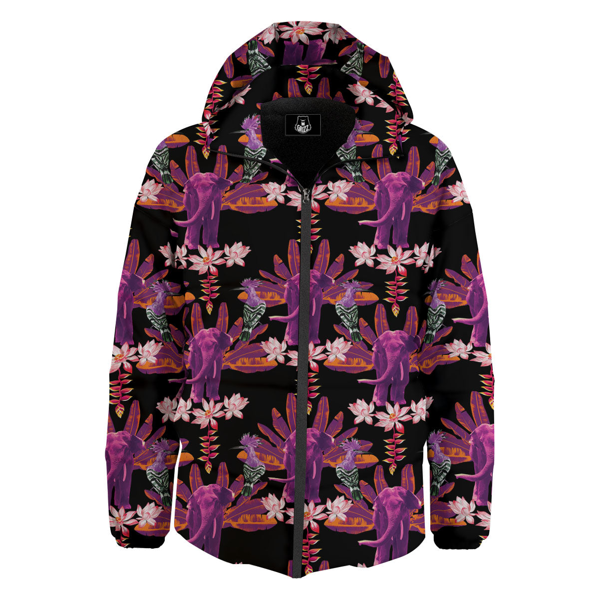 Elephant Tropical Purple Print Pattern Down Jacket-grizzshop