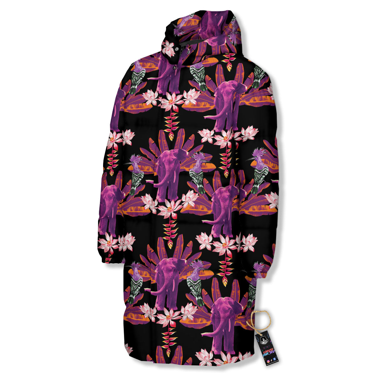 Elephant Tropical Purple Print Pattern Long Down Jacket-grizzshop
