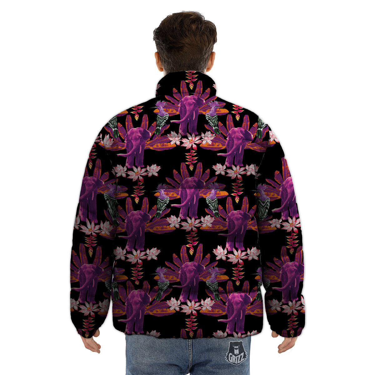 Elephant Tropical Purple Print Pattern Puffer Jacket-grizzshop