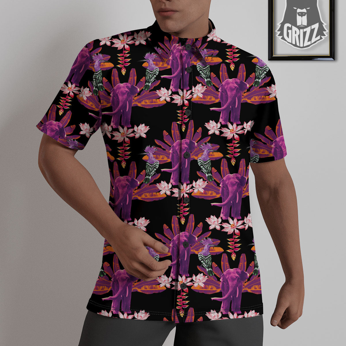 Elephant Tropical Purple Print Pattern Untucked Shirts-grizzshop