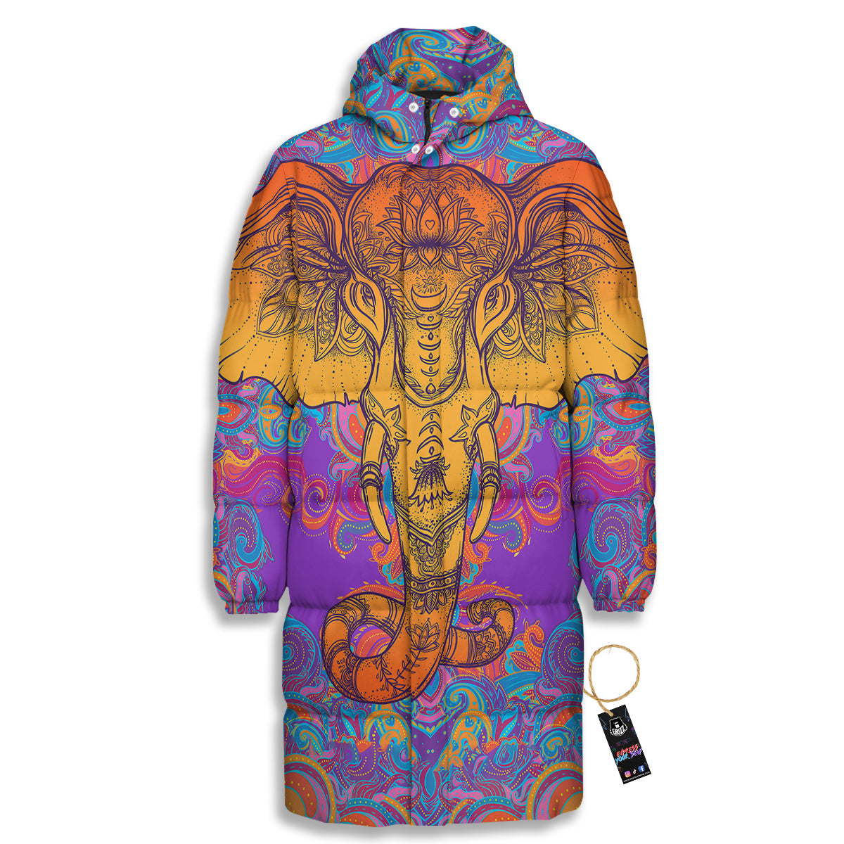 Elephant Spiritual Colorful Print Long Down Jacket
