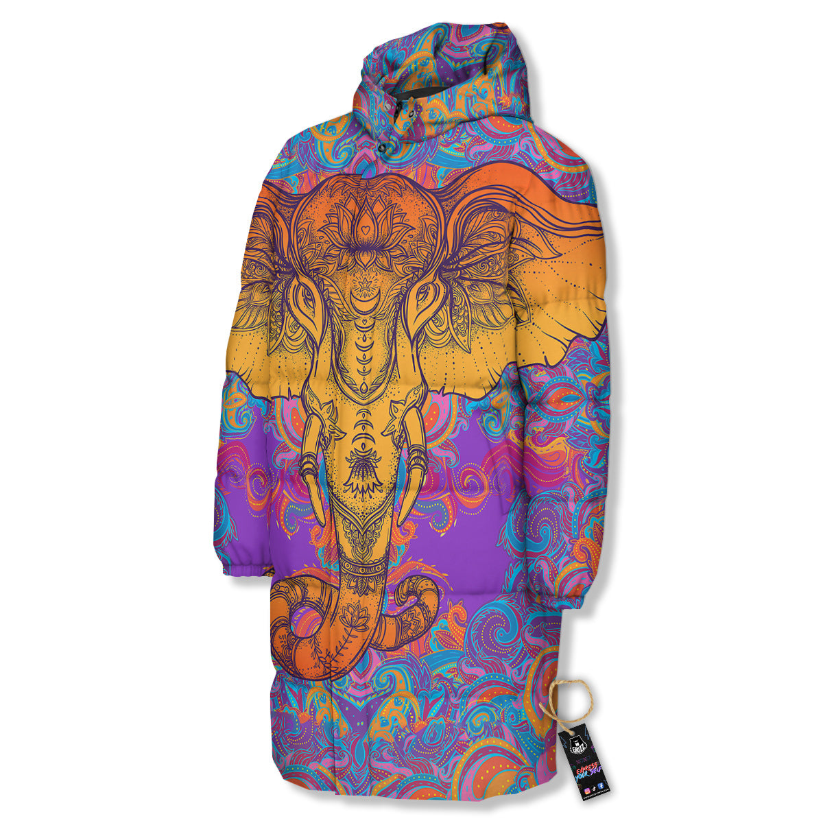 Elephant Spiritual Colorful Print Long Down Jacket