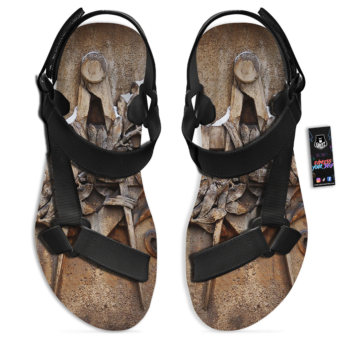 Emblem Freemasonry Print Black Open Toe Sandals-grizzshop